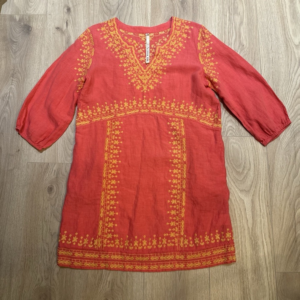 Uncle Frank Women's S 100% Linen Embroidered Tunic Dress Pink Yellow Boho Resort